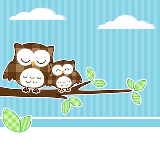 Card with two owls on branch with textile background.