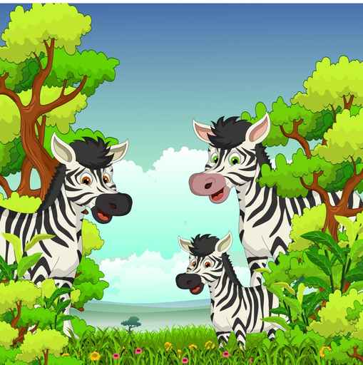 Family of Zebra cartoon with forest background