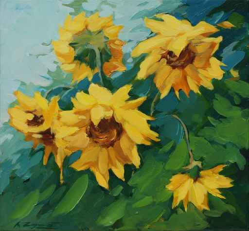 field with sunflowers drawn on a canvas oil,  illustration, pain
