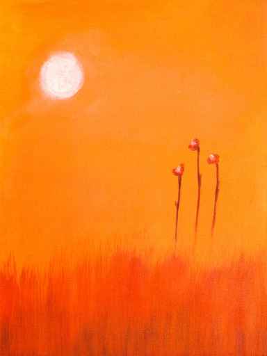 This is an abstract Painting of a red flower and the sun