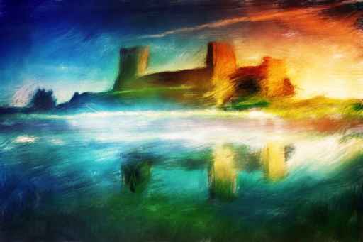 Old castle painting, magical sunset