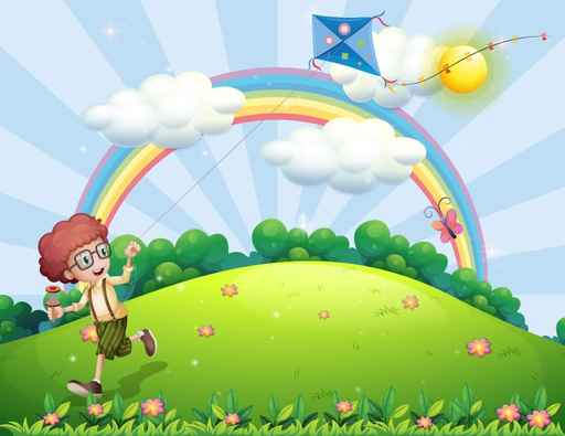 A boy playing with his kite at the hilltop with a rainbow