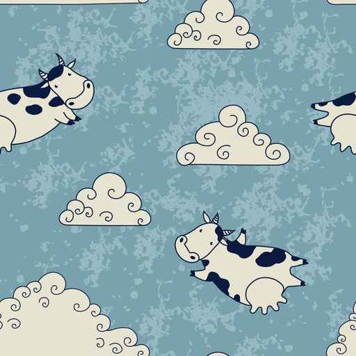 Funny cows flying in the sky with clouds