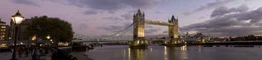 Panoramic photo of Tower Bridge and River Thames, London.