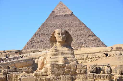 Great Sphinx of Giza and the pyramid of Khafre at Giza, Egypt