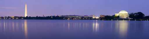 Panoramic of the Washington & Jefferson Memorials at night 